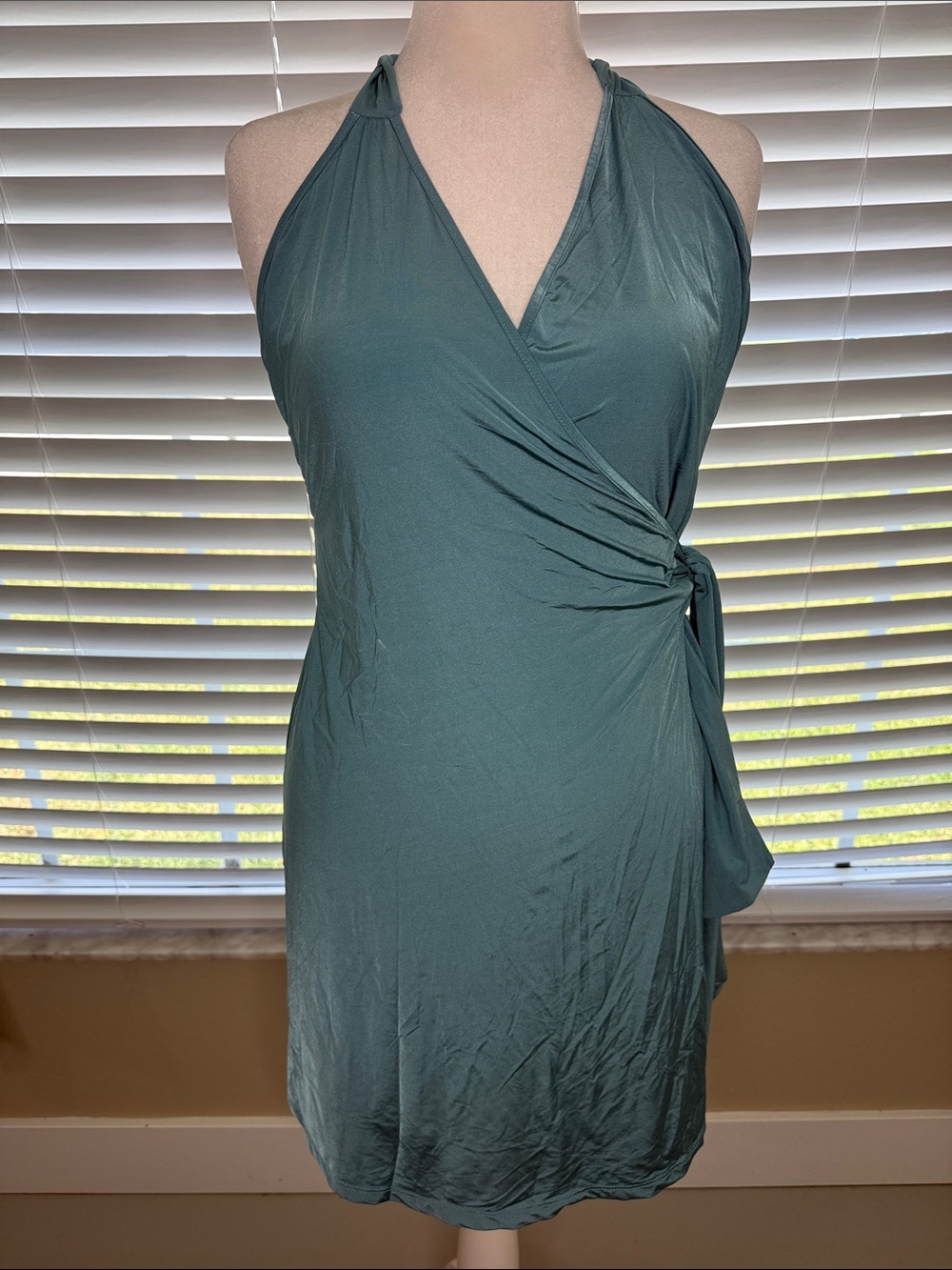 Sleeveless Wrap Halter Mini Dress in Teal